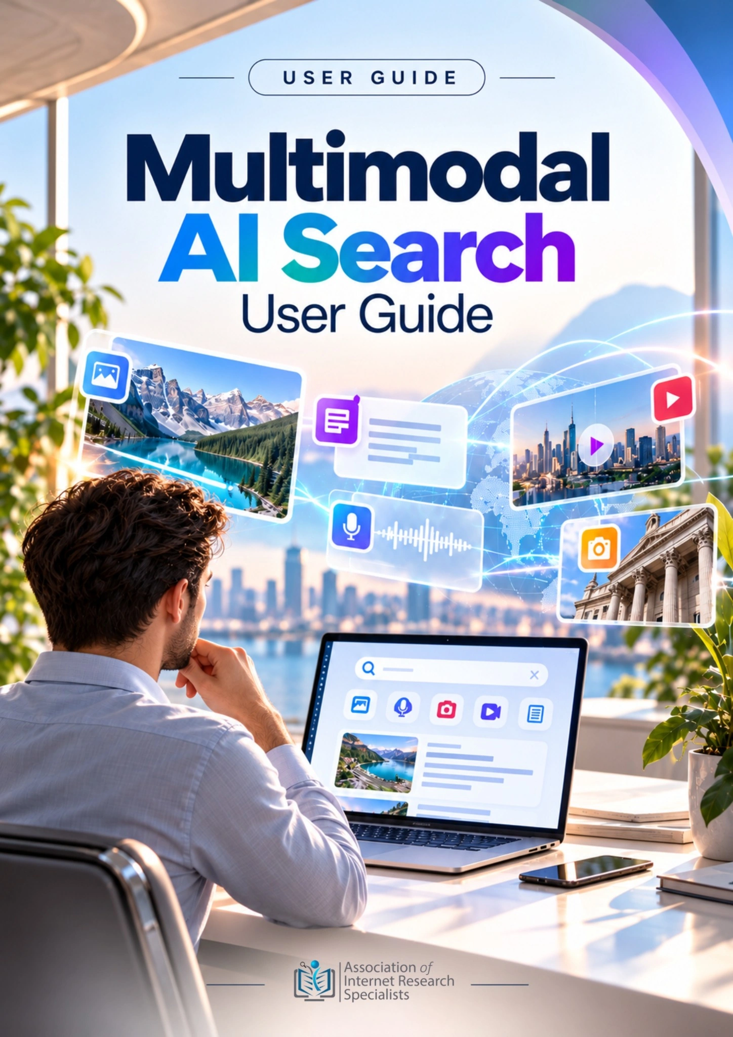 Multimodal AI Search user-guide cover showing a researcher at a laptop beneath connected image, text, audio and video panels.