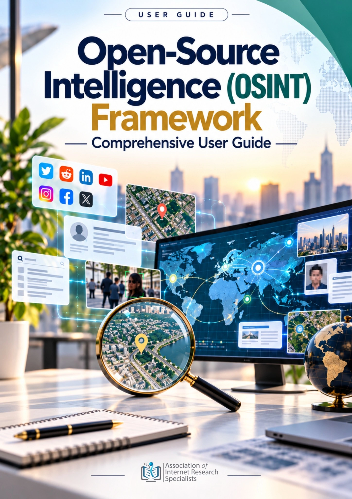 OSINT Framework user-guide cover with a world-map dashboard, social-media icons, source panels and a magnifying glass over a map.
