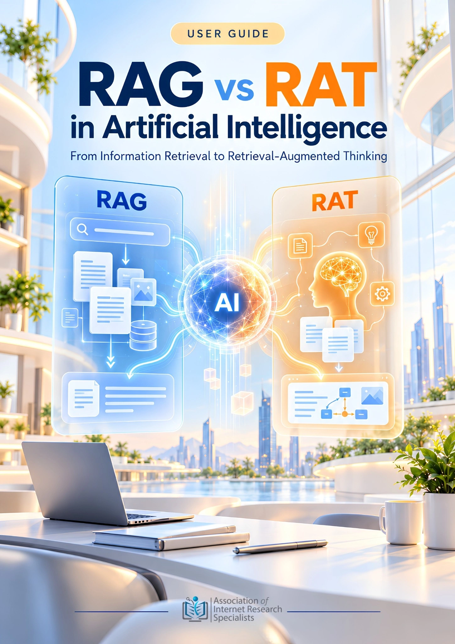 RAG vs RAT user-guide cover showing document retrieval and reasoning diagrams linked to AI above a research desk.