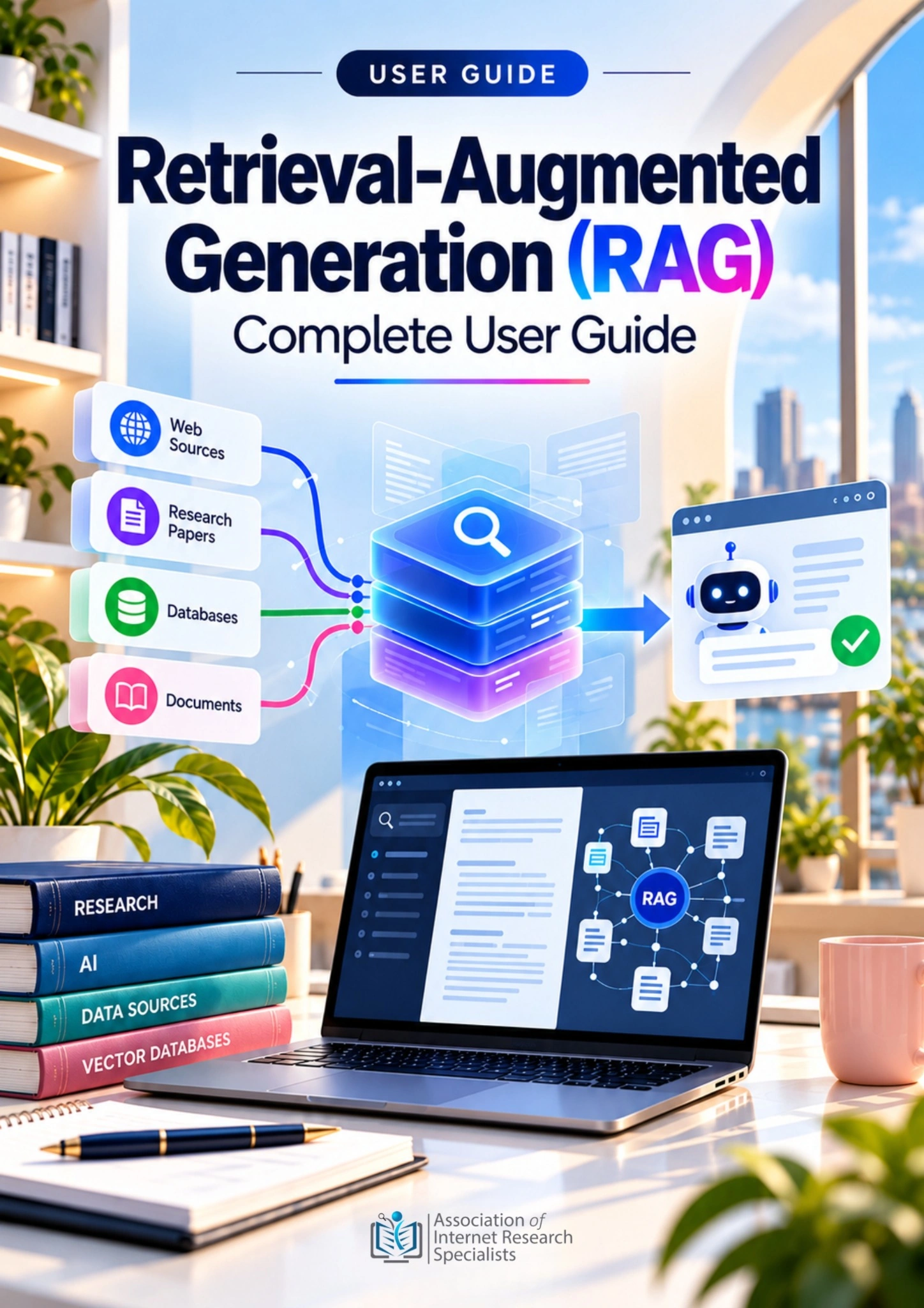 RAG user-guide cover showing web sources, papers, databases and documents feeding a retrieval system and AI answer beside a laptop.