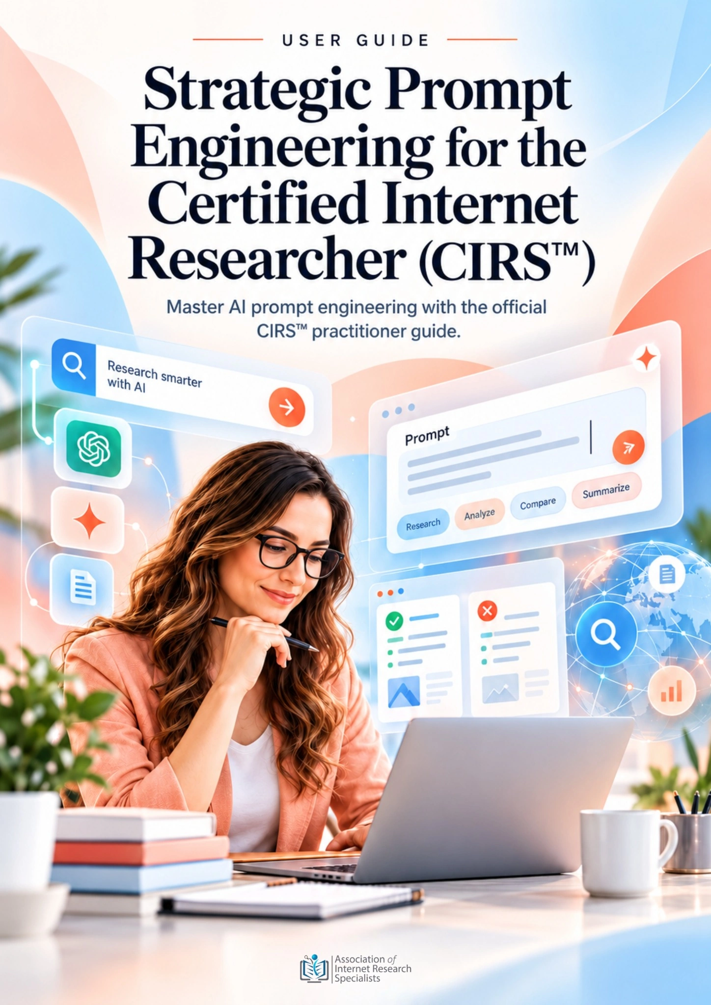 Strategic Prompt Engineering for CIRS guide cover showing a researcher at a laptop surrounded by prompt, search and validation panels.