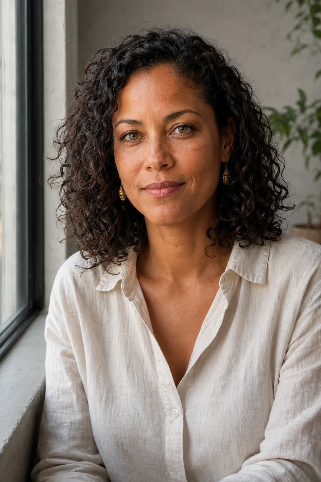 AI-generated portrait realism test showing a woman with natural curls beside a window