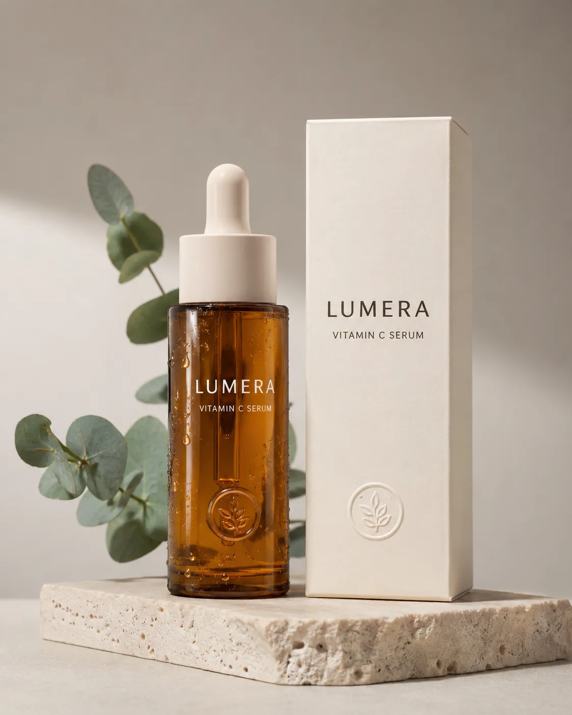 AI-generated product photography test showing an amber Lumera serum bottle and carton