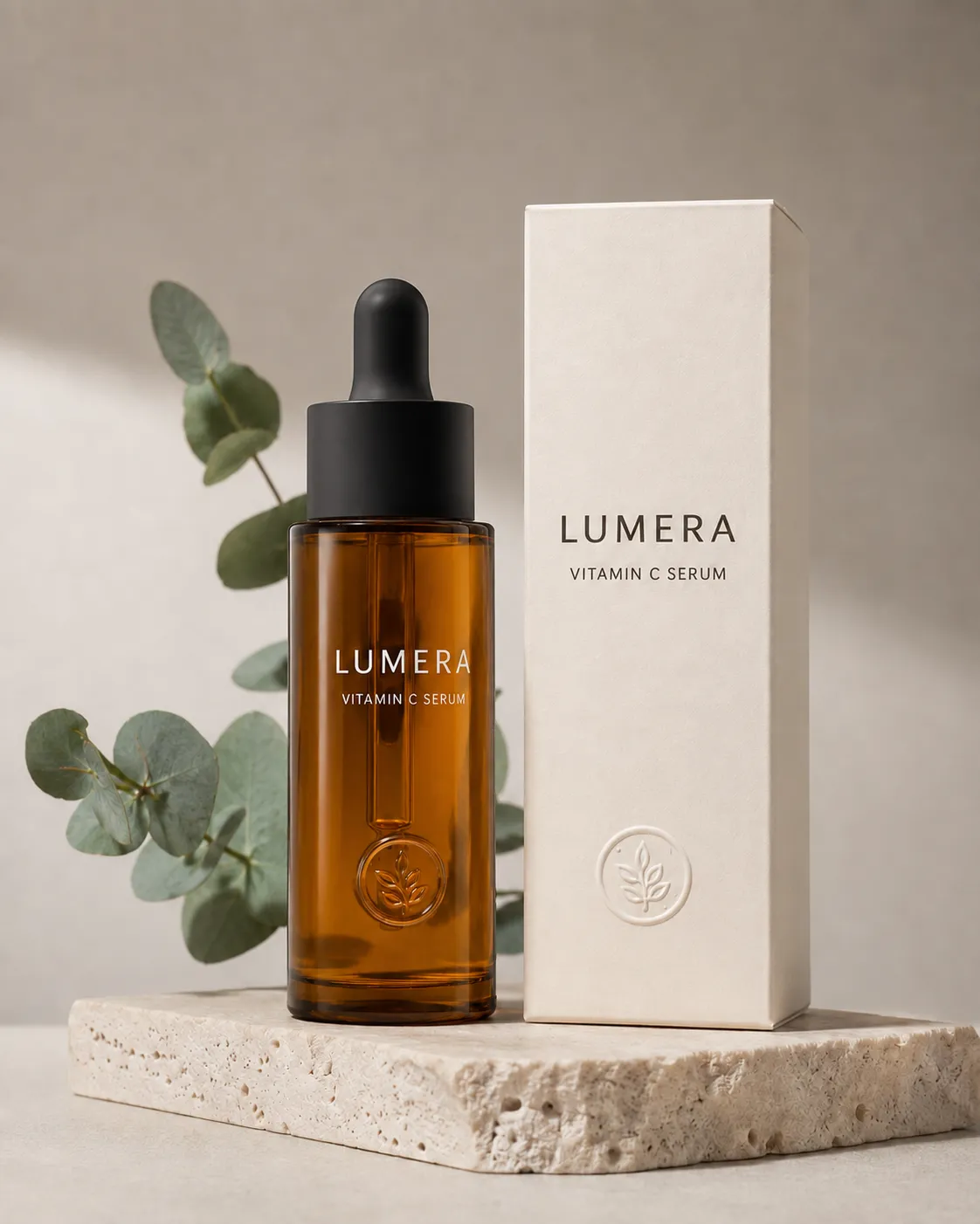 Controlled AI image-editing test with a black dropper cap and clean amber serum bottle