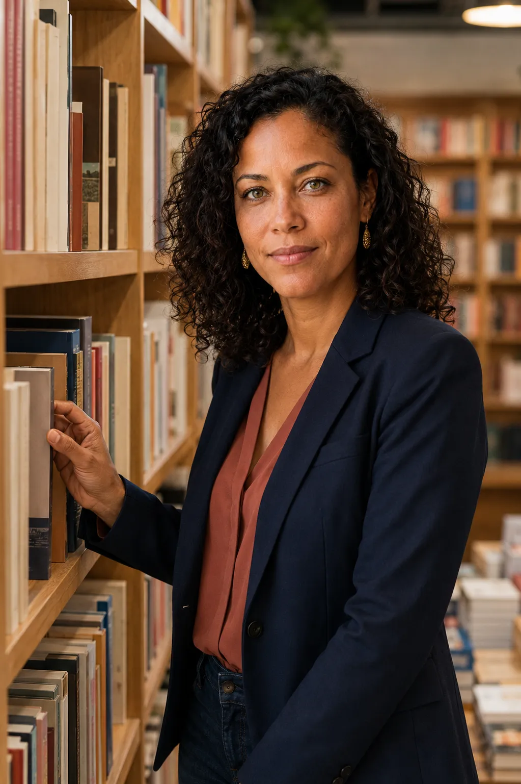 AI reference-image consistency test showing the same woman in a bookstore
