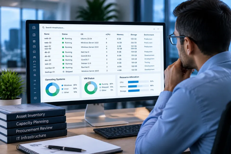 VM inventory dashboard showing virtual machines, infrastructure capacity planning, and procurement analysis