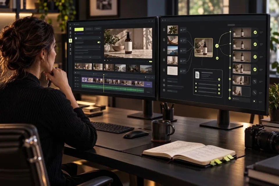AI video research workspace showing prompts references and generated clips organized for verification
