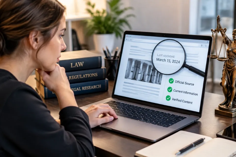 Researcher verifying online legal information using updated laws regulations and primary sources