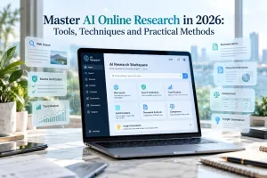 Researcher using an AI research dashboard on a laptop with floating source, analysis and verification illustrations.