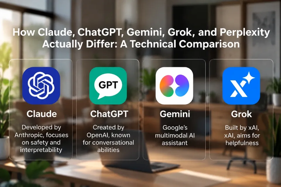 AI-tools-comparision Claude, ChatGPT, Gemini, Grok and Perplexity technical comparison