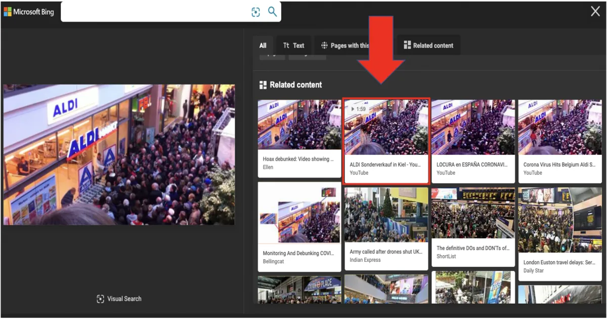 Bing visual search results matching the Aldi video screenshot