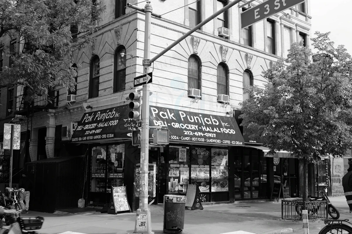Deli sign and building details illustrating clues for tracing video footage