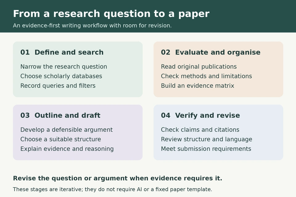 Diagram of defining, researching, evaluating, drafting and verifying an academic paper.