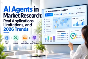 A researcher reviews an illustrated AI market research dashboard with data collection, competitor analysis and consumer insight panels.