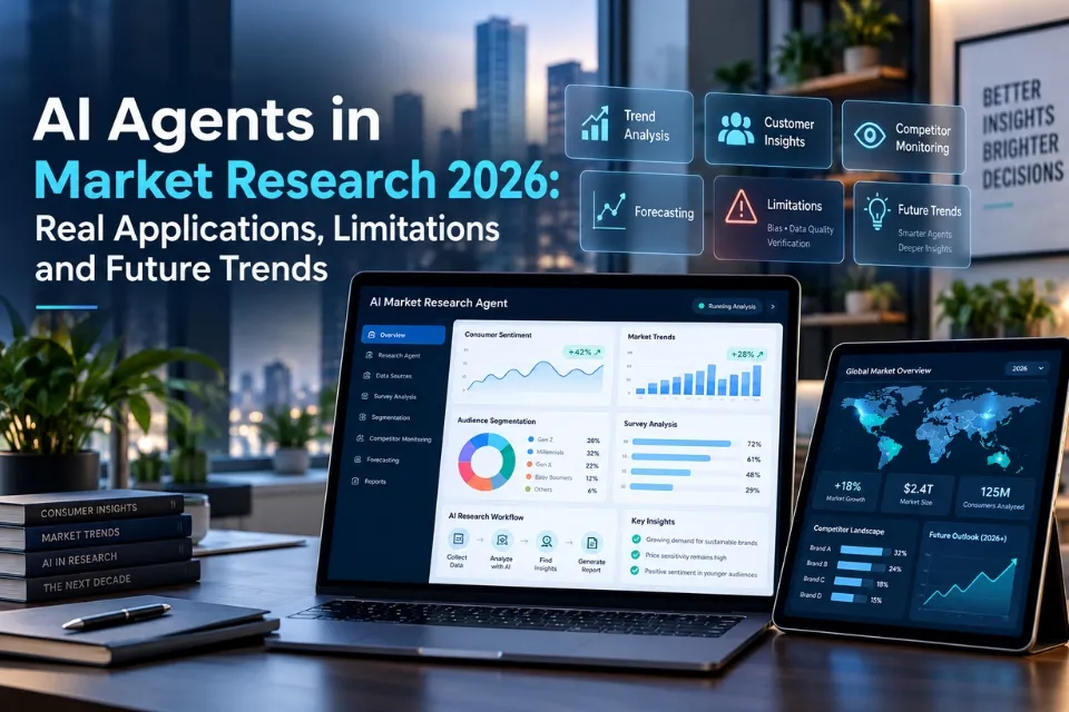 AI agents in market research dashboard showing trend analysis, customer insights, competitor monitoring and human verification.
