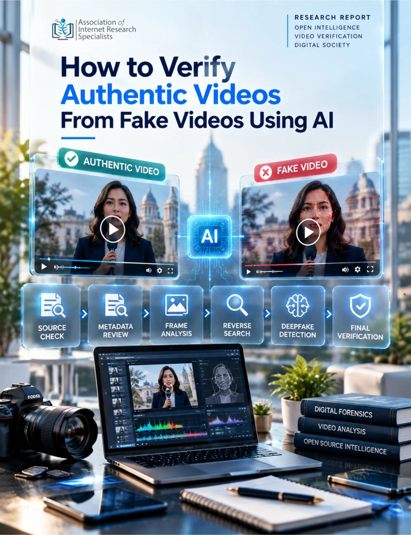 AI video-verification report cover comparing authentic and manipulated video examples with source, metadata and frame-analysis checks.