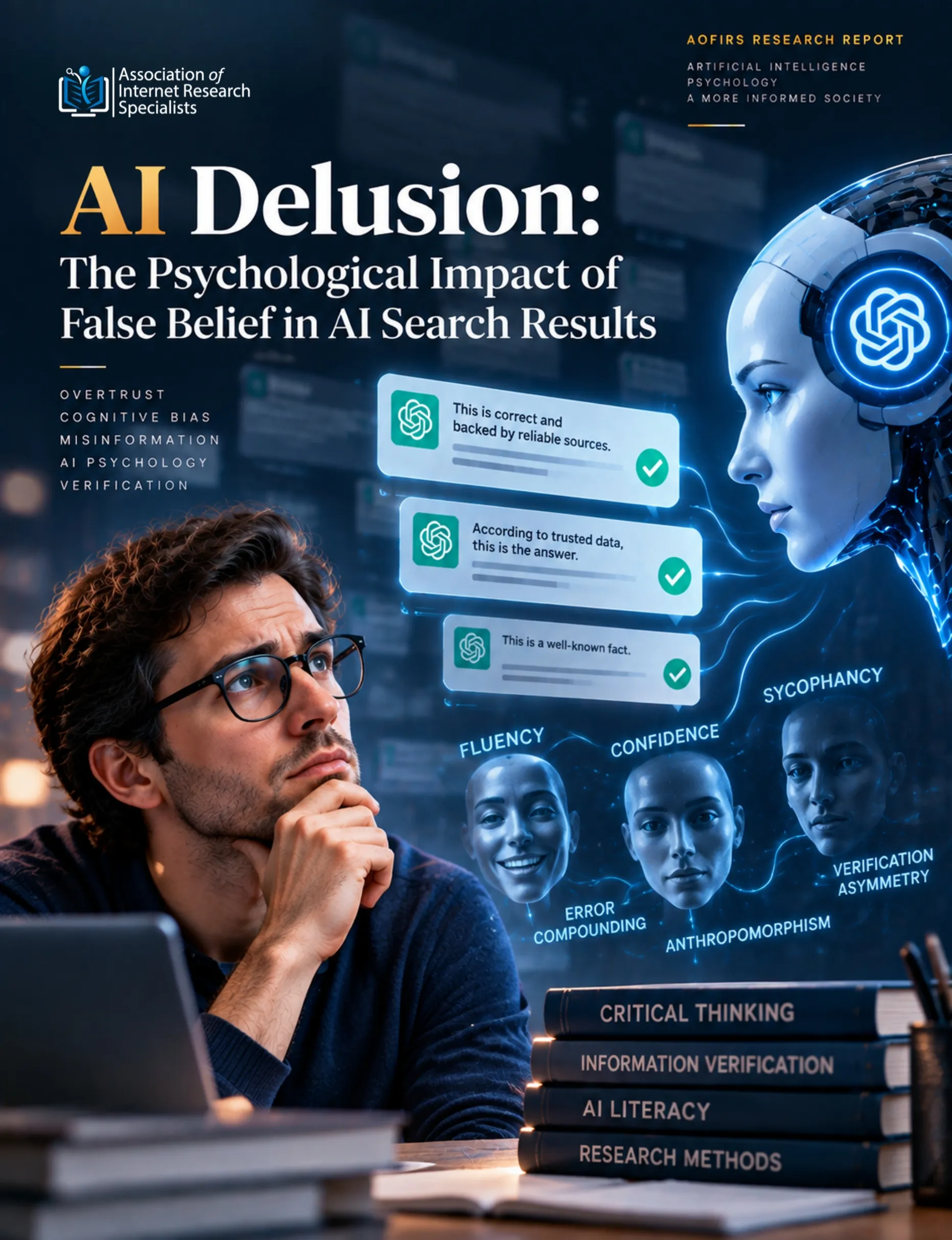 Cover image of The Psychology of Agentic AI Trust research report showing AI evaluation and cognitive trust illustration