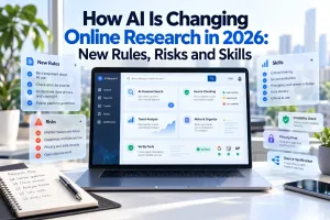 Laptop with an illustrated AI research workspace and surrounding cards for research rules, misinformation risks, critical thinking and source verification.