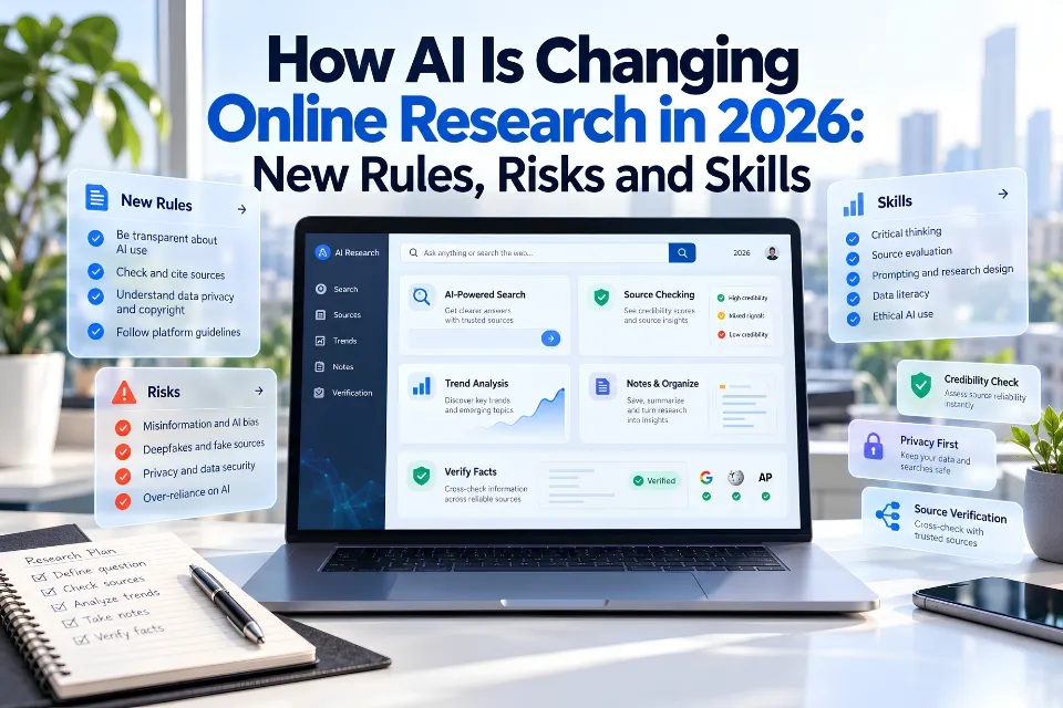Laptop with an illustrated AI research workspace and surrounding cards for research rules, misinformation risks, critical thinking and source verification.