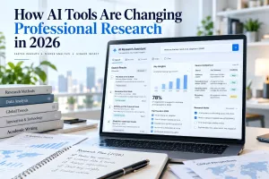 AI research assistant on a laptop alongside research-method books, evidence comparisons, charts and handwritten research notes.