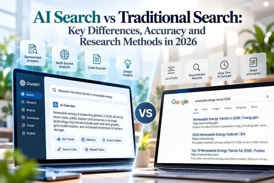 Two laptops illustrate AI-generated research summaries and traditional search listings, with source and analysis icons.