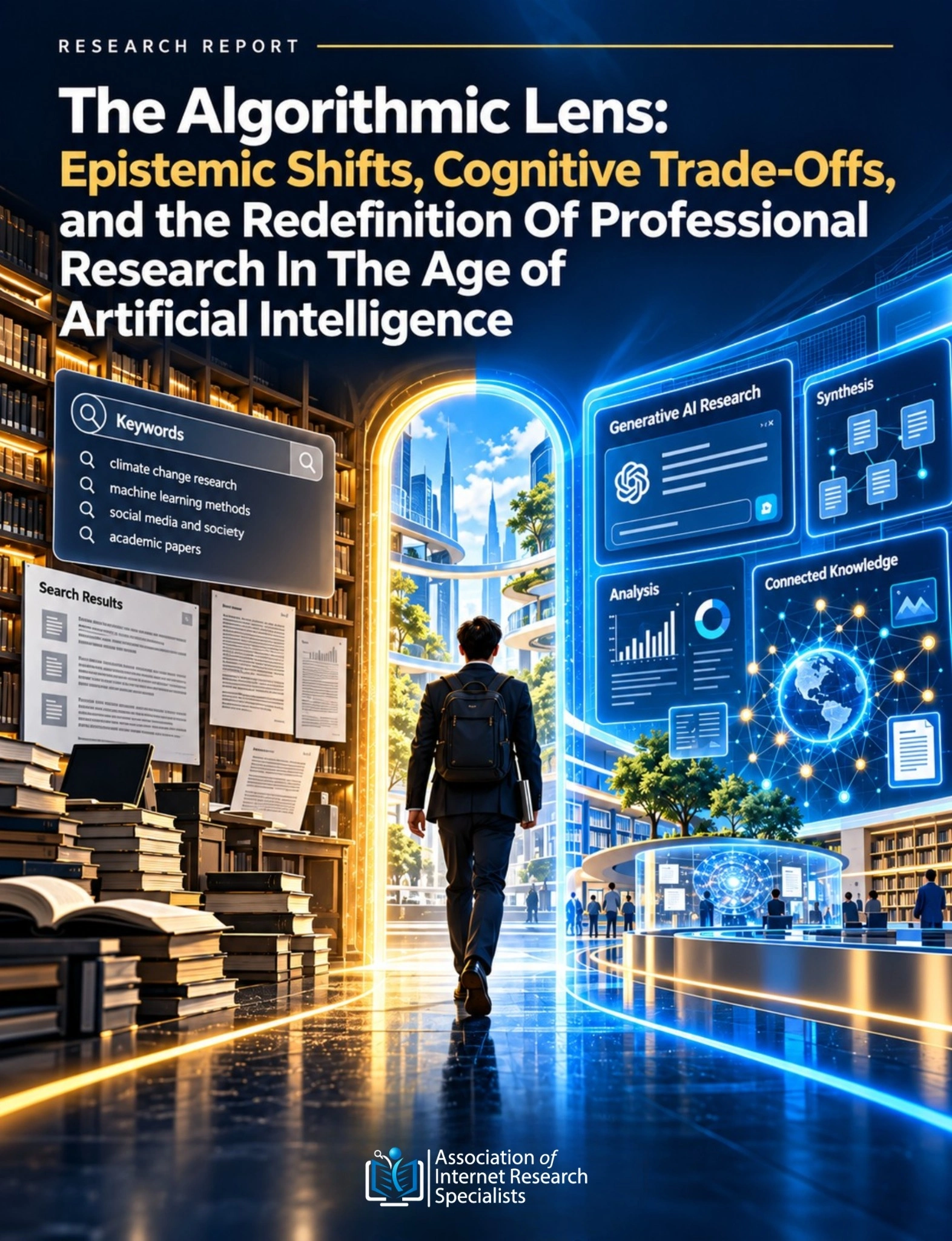 The Algorithmic Lens report cover showing a researcher between traditional library sources and generative AI research dashboards.