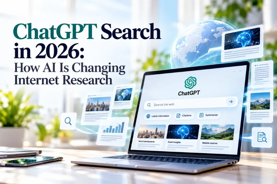 Illustrated ChatGPT web-search interface on a laptop surrounded by source cards, research charts and a digital globe.