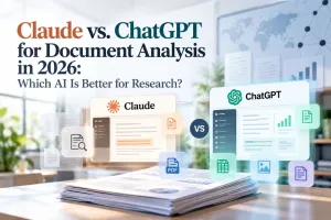 Illustrated Claude and ChatGPT document-analysis panels above research papers, with PDF, spreadsheet and image icons.