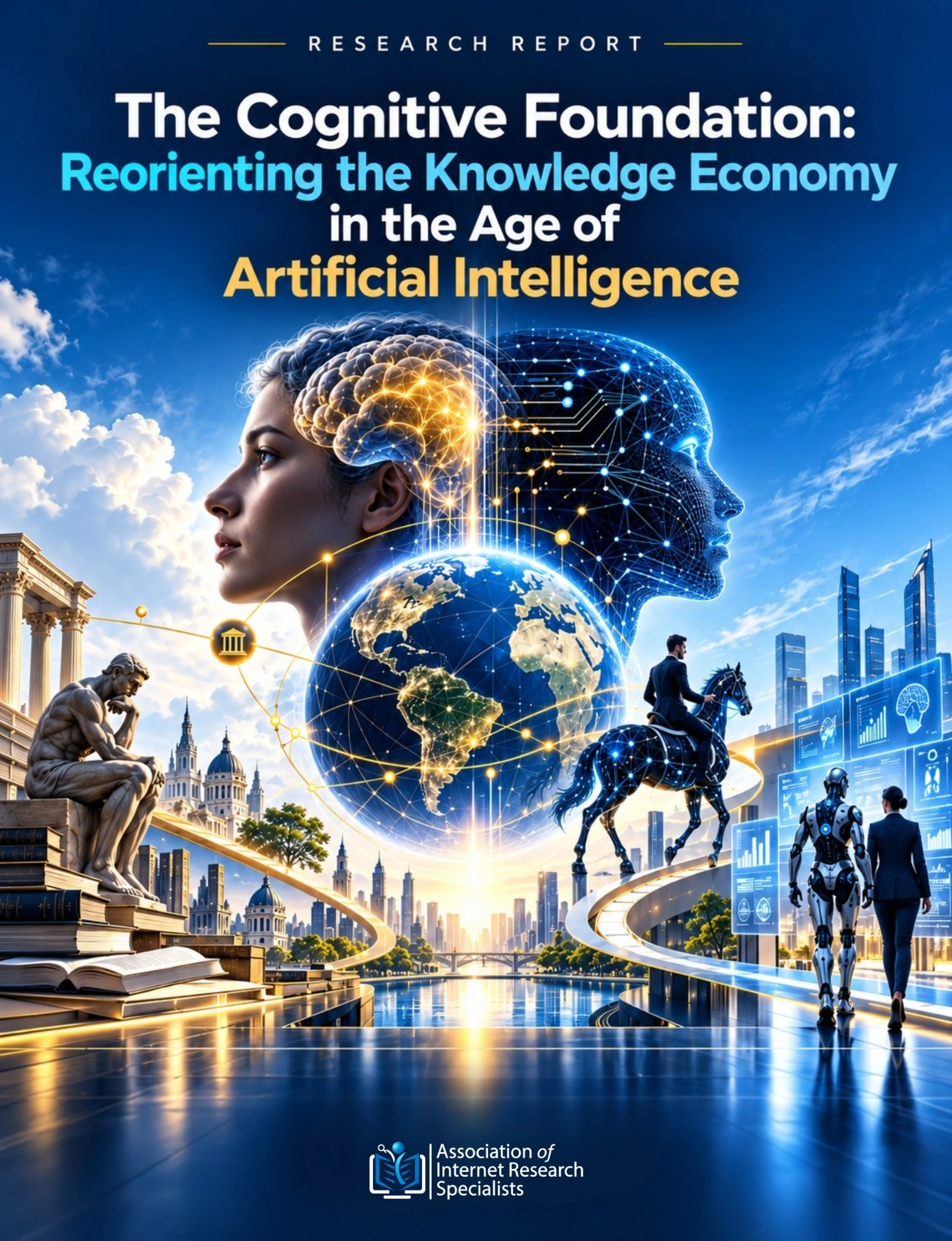 The Cognitive Foundation report cover combining human and digital profiles above a globe, knowledge workers and a cityscape.
