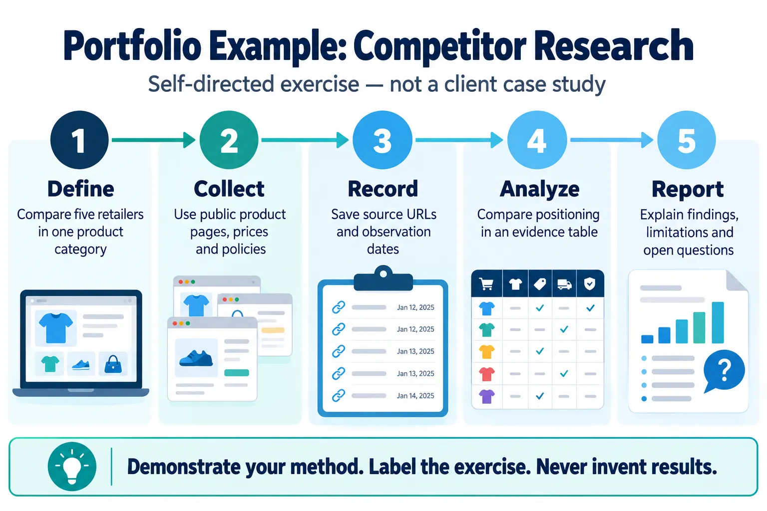 Five-step self-directed competitor research exercise: define a comparison, collect public information, record sources, analyze positioning and report limitations.