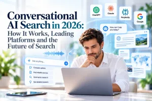 Researcher using a laptop with illustrated conversational search prompts, source cards and AI-platform symbols.