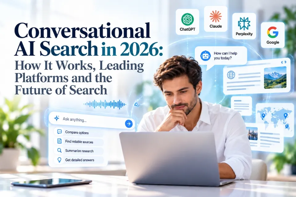 Researcher using a laptop with illustrated conversational search prompts, source cards and AI-platform symbols.