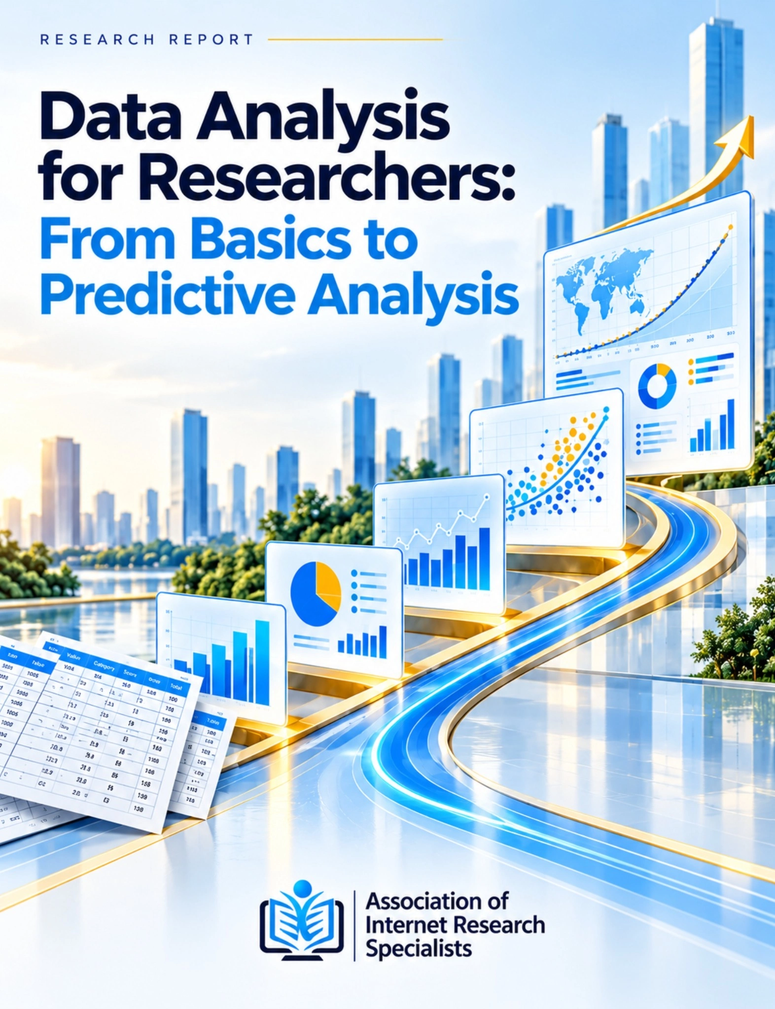 Data Analysis for Researchers report cover with a pathway connecting tables, charts and predictive-analysis dashboards.
