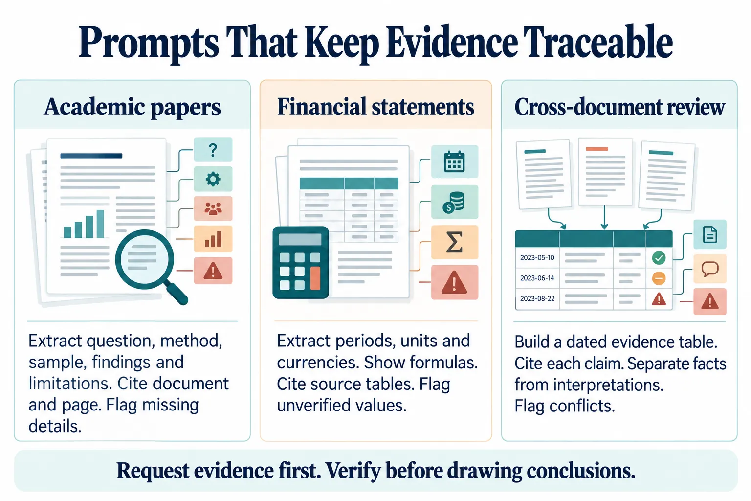 Three research prompt examples for academic papers, financial statements and cross-document evidence review.