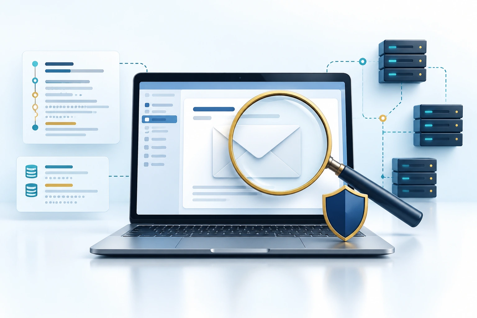 Conceptual illustration of an email under examination with a laptop, magnifying glass and mail servers.
