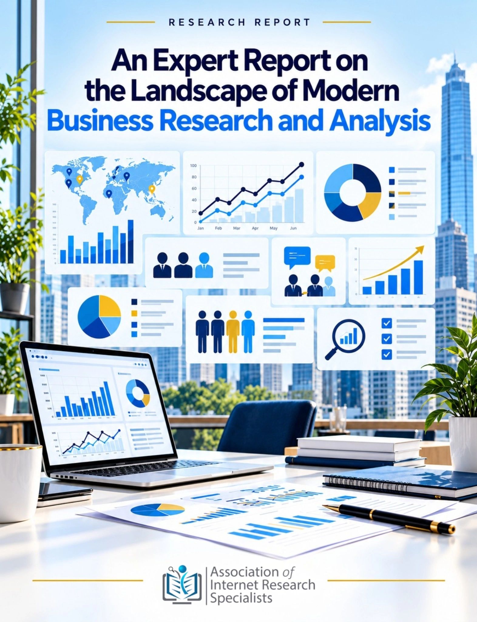 Modern Business Research and Analysis report cover showing charts, customer diagrams, a world map and a research desk.