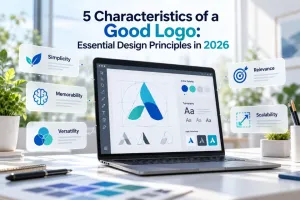 Laptop with an illustrated logo-design workspace surrounded by cards for simplicity, memorability, versatility, relevance and scalability.