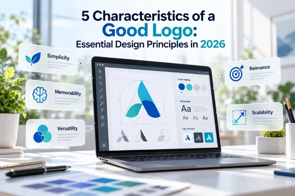 Laptop with an illustrated logo-design workspace surrounded by cards for simplicity, memorability, versatility, relevance and scalability.