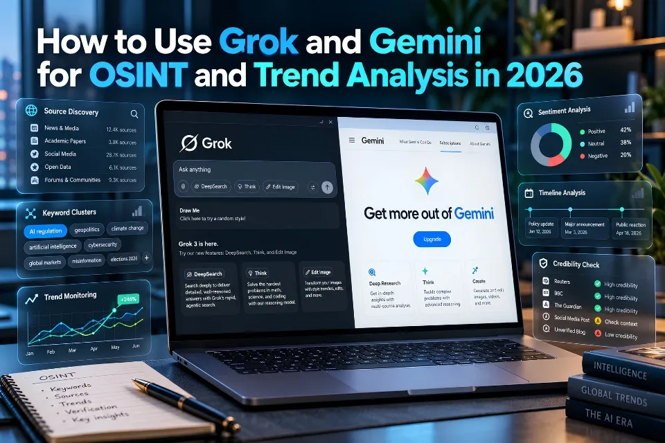 Grok and Gemini research interfaces alongside source discovery, trend monitoring, timeline analysis and credibility-check panels.