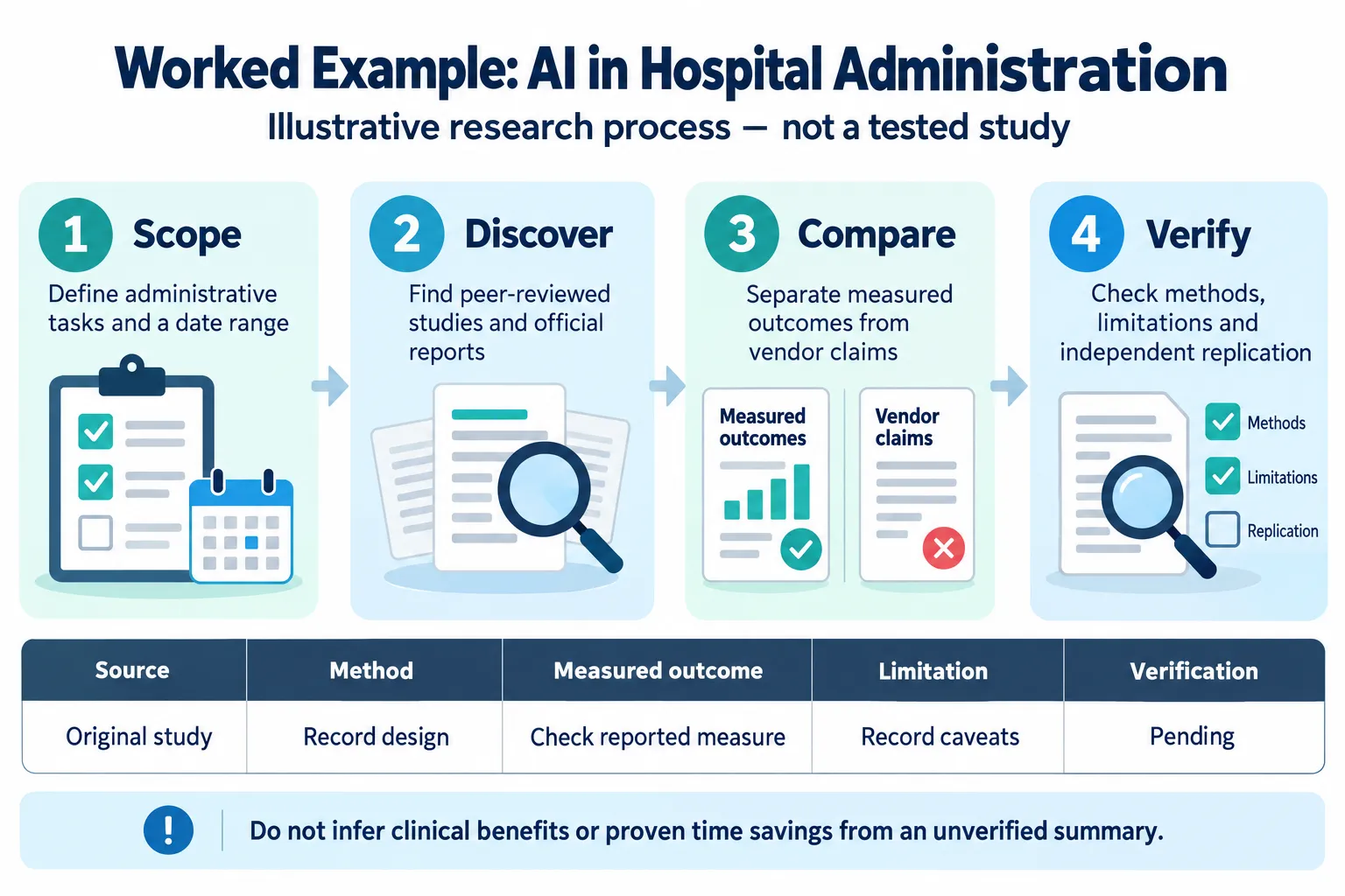 Illustrative hospital-administration research process covering scope, study discovery, measured outcomes, methods and verification status.