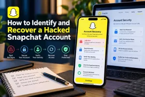 Snapchat account recovery illustration showing a phone, laptop and account security checklist