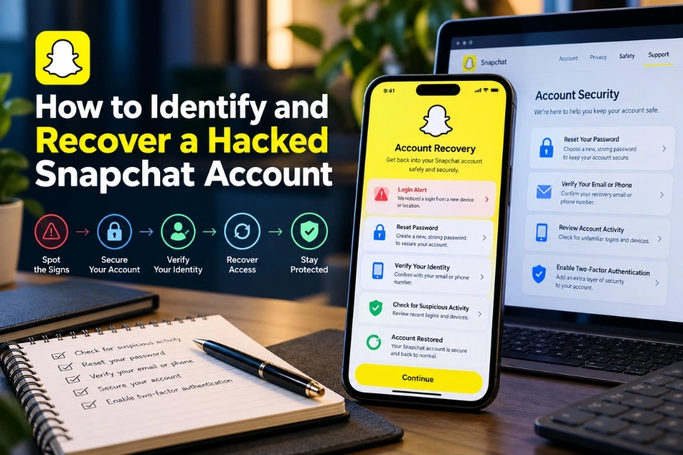 Snapchat account recovery illustration showing a phone, laptop and account security checklist