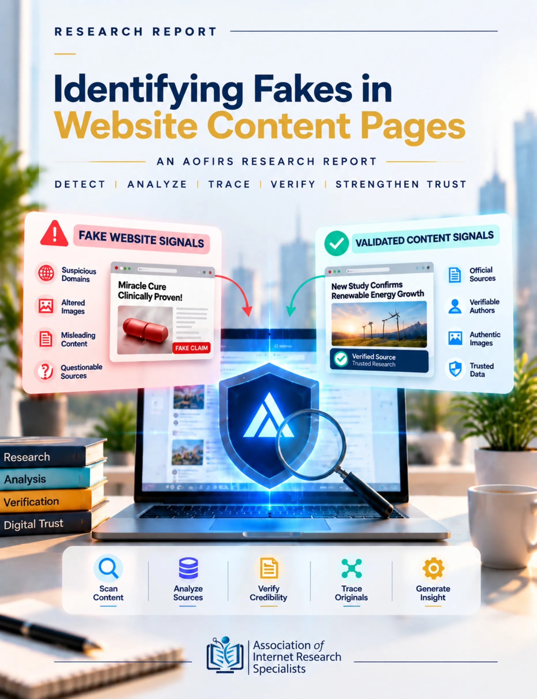 Identifying Fake Website Content Pages Research Training Guide AOFIRS report cover showing website verification, digital research, and online content analysis methods.