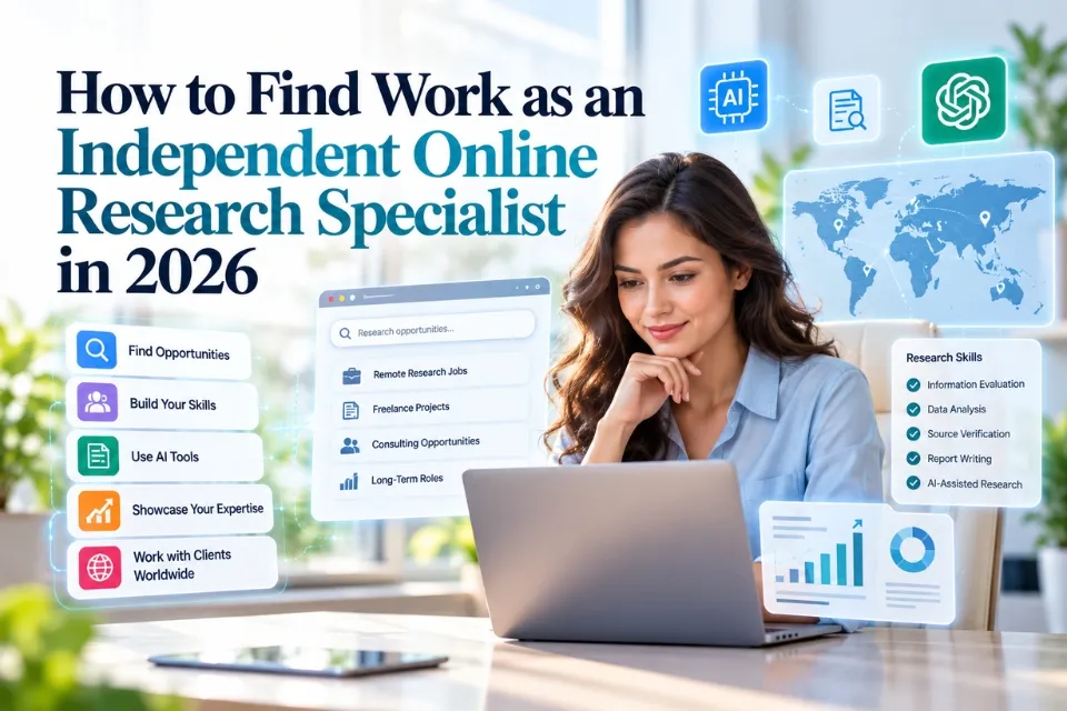Research professional using a laptop with illustrated remote-job listings, research skills, AI tools and global client opportunities.