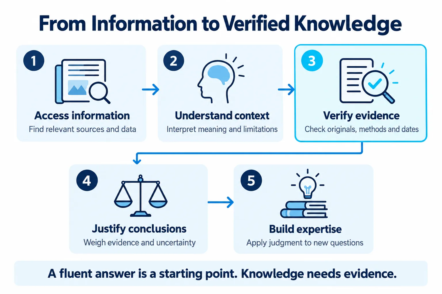 Five stages from accessing information to understanding context, verifying evidence, justifying conclusions and building professional expertise.