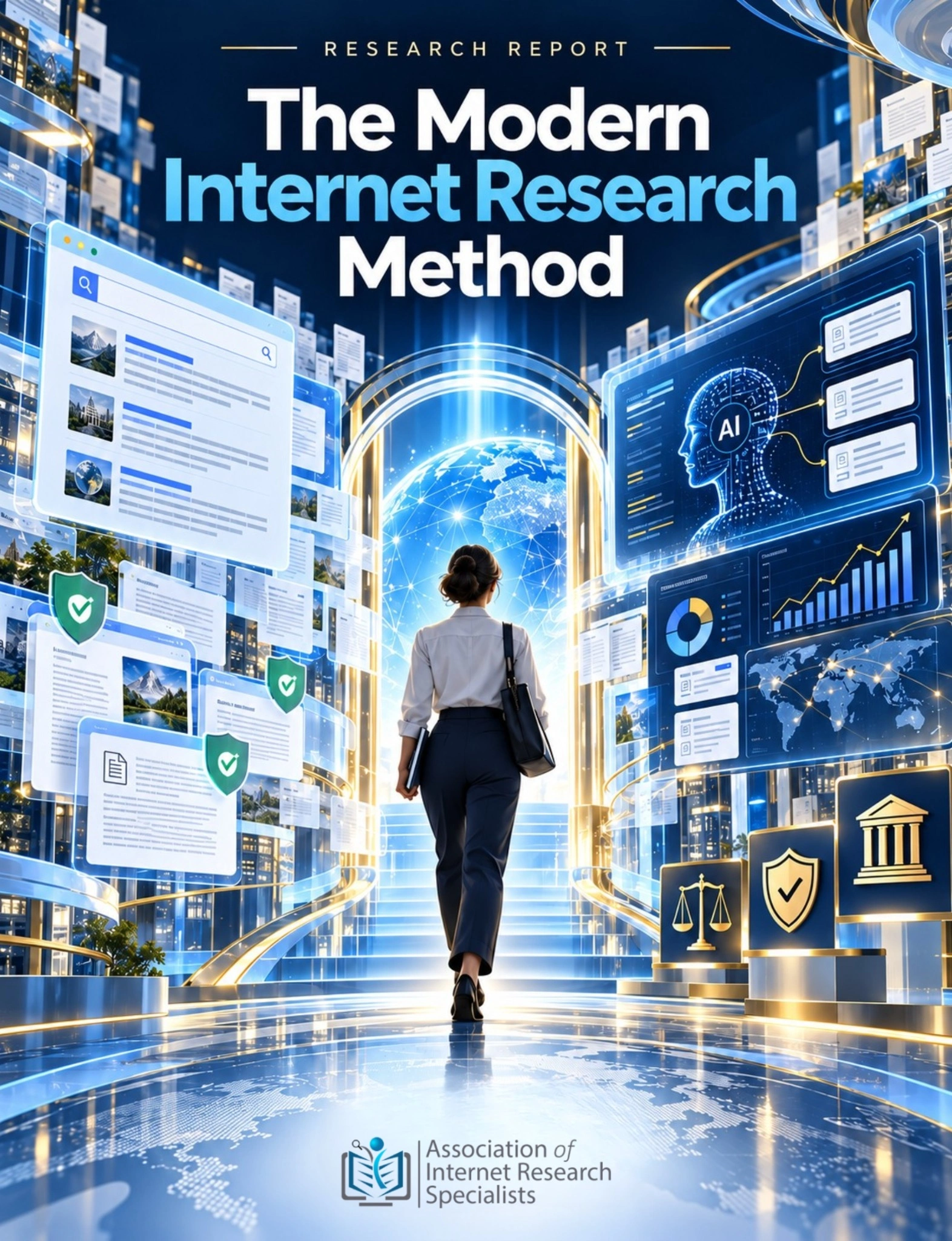 The Modern Internet Research Method report cover showing a researcher between web search, AI analysis and verification screens.