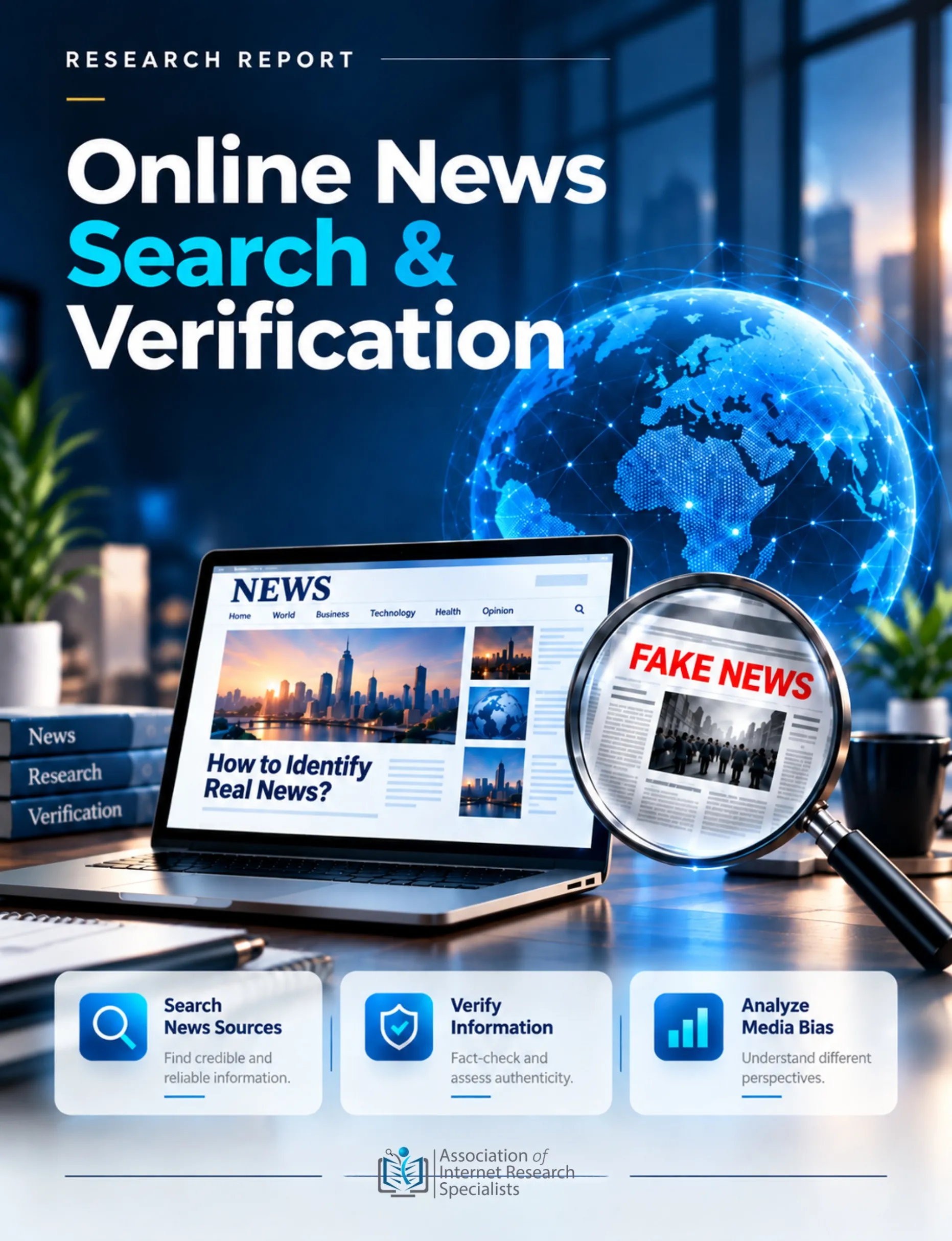 Online News Search and Verification Guide AOFIRS research report cover showing digital news verification, fact checking, and online research methods.