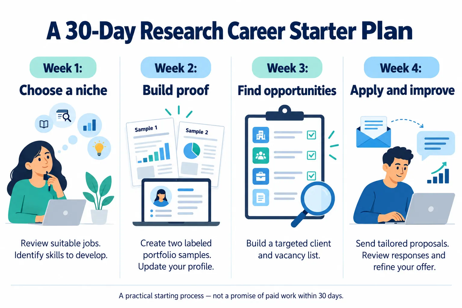 Four-week career plan covering niche selection, portfolio samples, targeted opportunities and tailored applications.