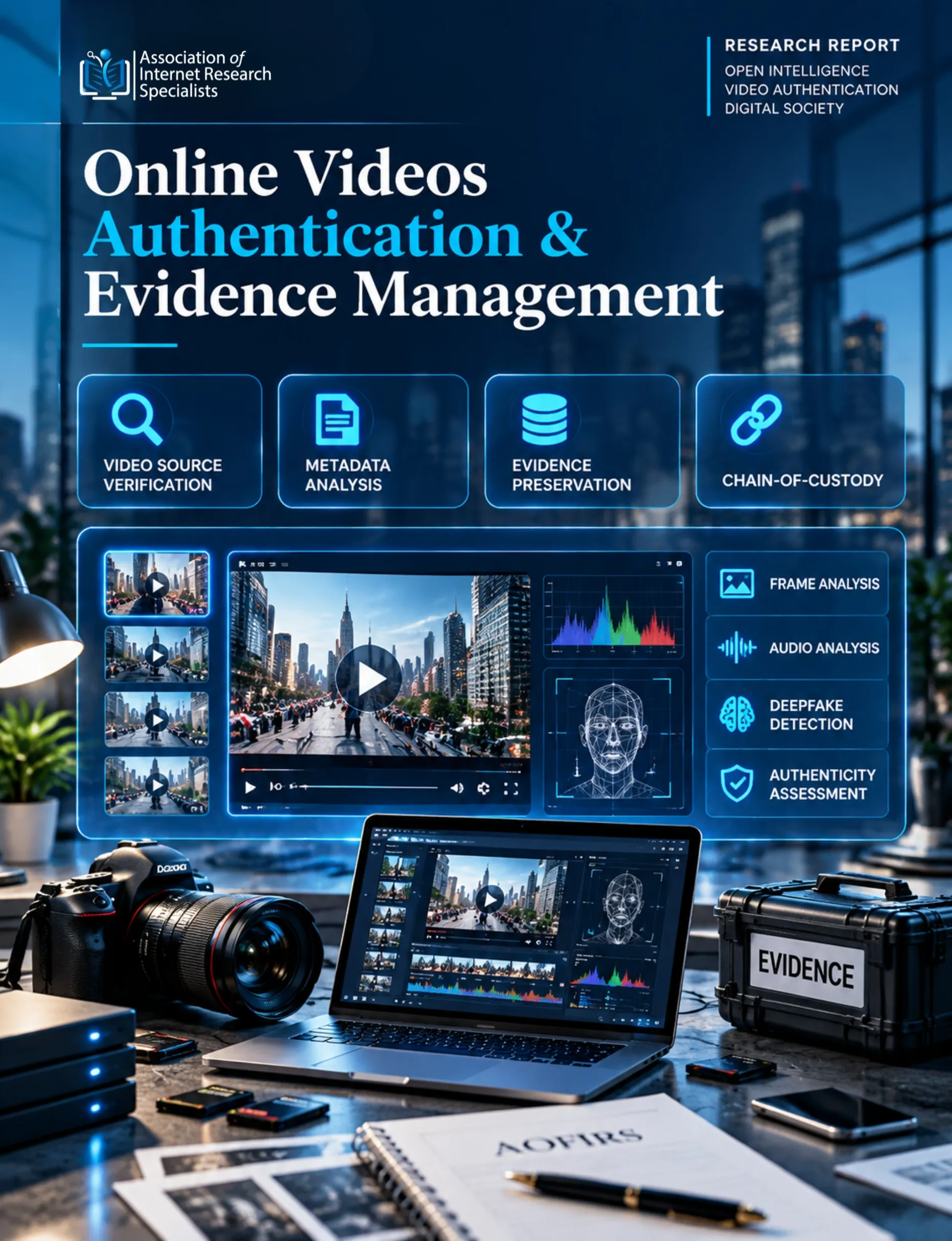 Video authentication analyst reviewing footage on a screen with playback controls.