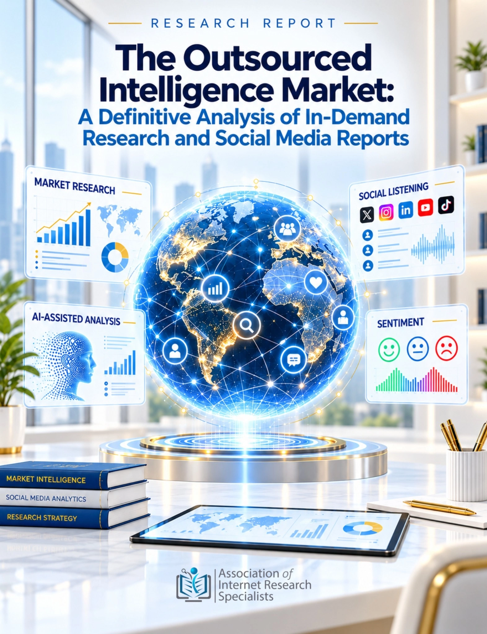 Outsourced Intelligence Market report cover with a connected globe, market-research charts and social-listening panels.
